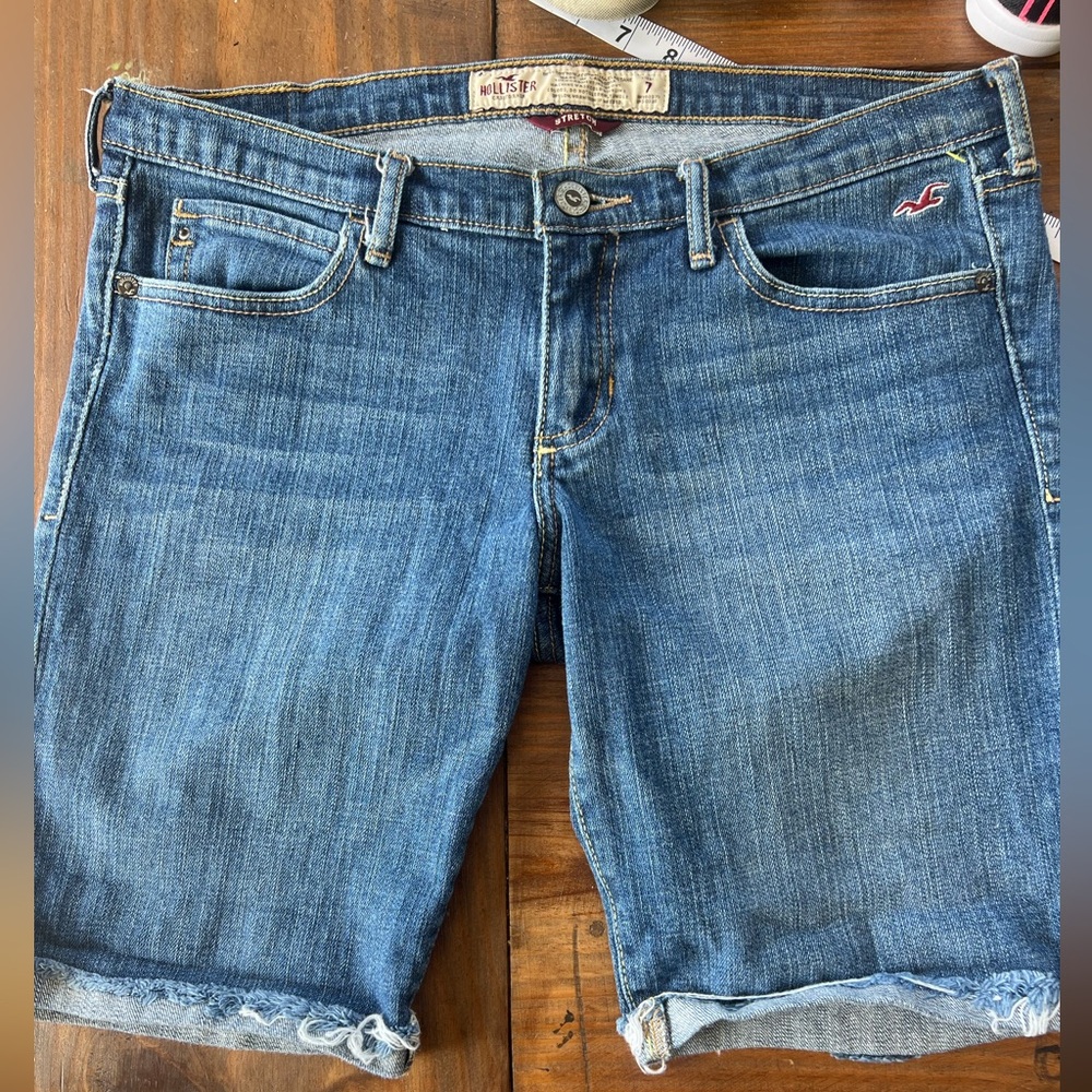 Hollister Vintage Light Blue Denim Bermuda Shorts with Frayed Edge
